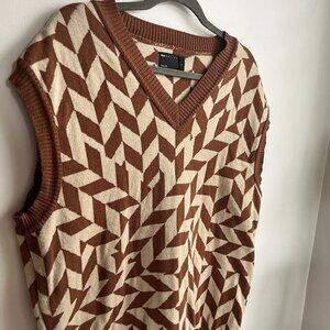 ASOS Brown and Cream V-Neck Geometric Knit Sweater Vest
